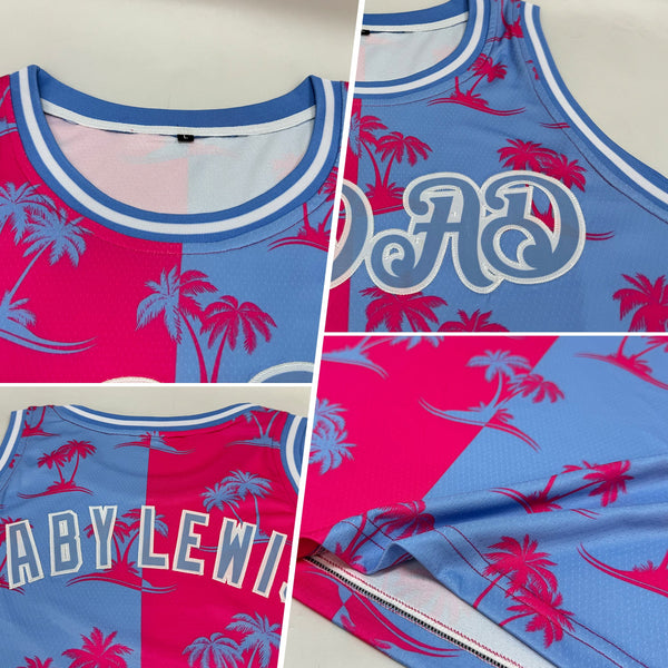 Custom Pink Light Blue-White 3D Pattern Hawaii Palm Trees Authentic Basketball Jersey alternate