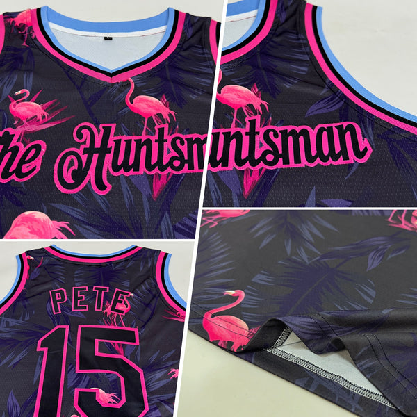 Custom Black Pink-Light Blue 3D Pattern Design Flamingo Authentic Basketball Jersey alternate