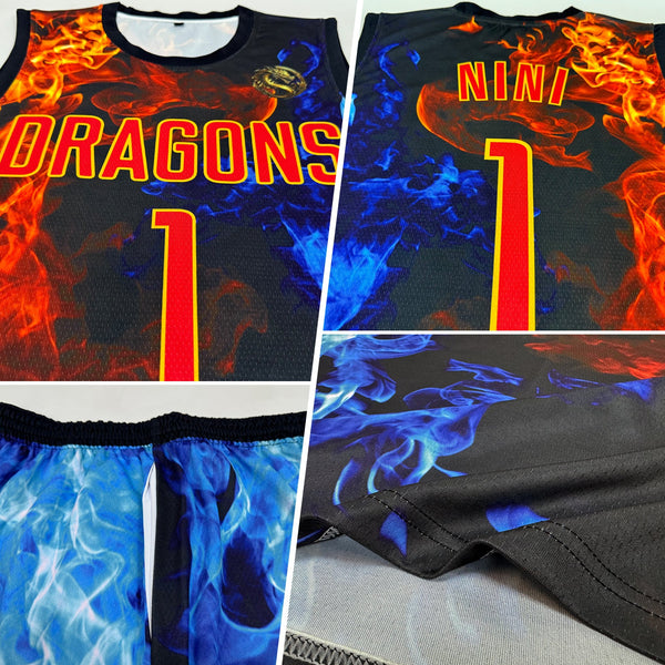 Custom Figure Red-Gold Flame Round Neck Sublimation Basketball Uniform Jersey alternate