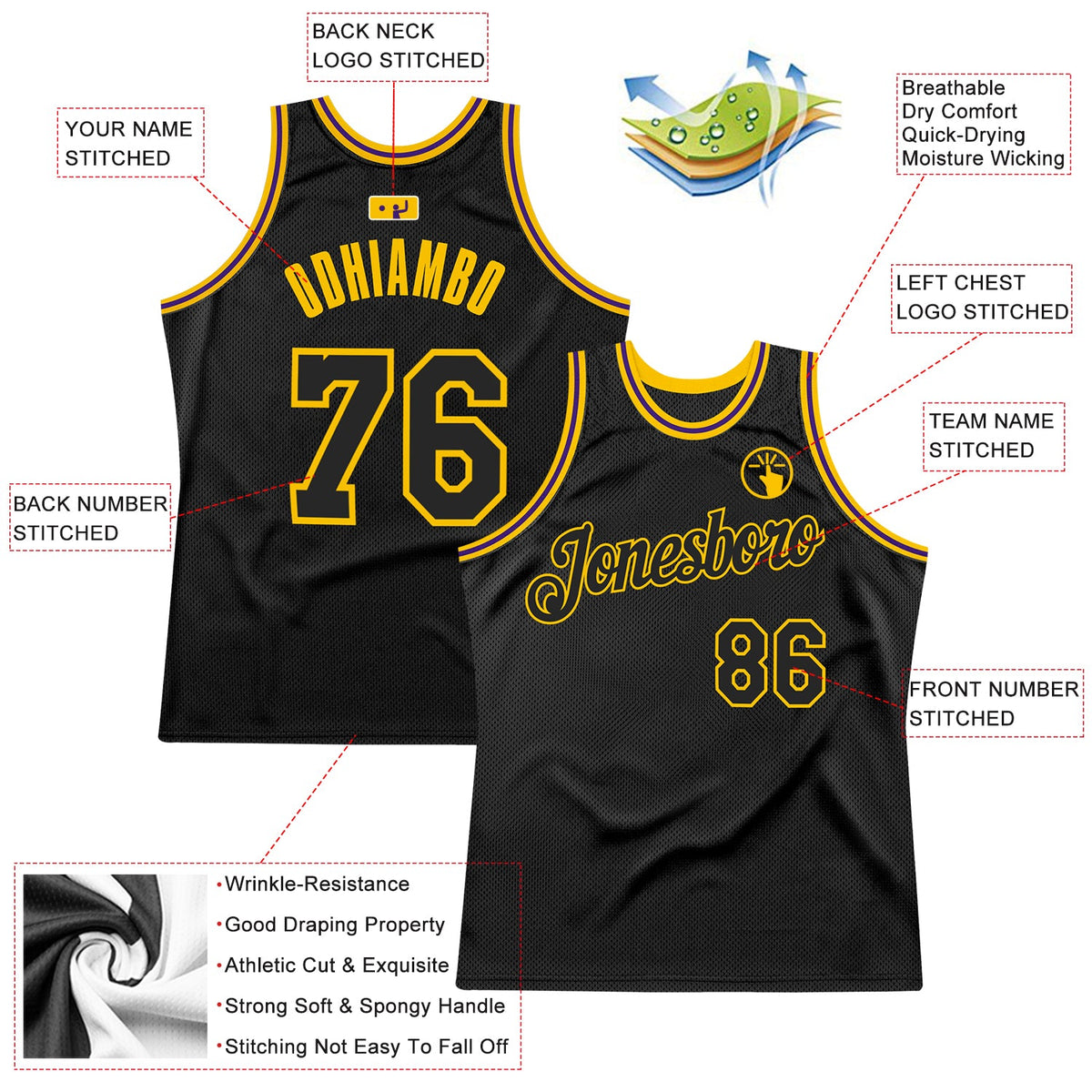 Custom Black Black Gold-Purple Authentic Throwback Basketball Jersey - Back