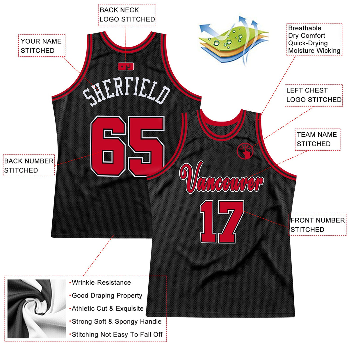 Custom Black Red-White Authentic Throwback Basketball Jersey - Back