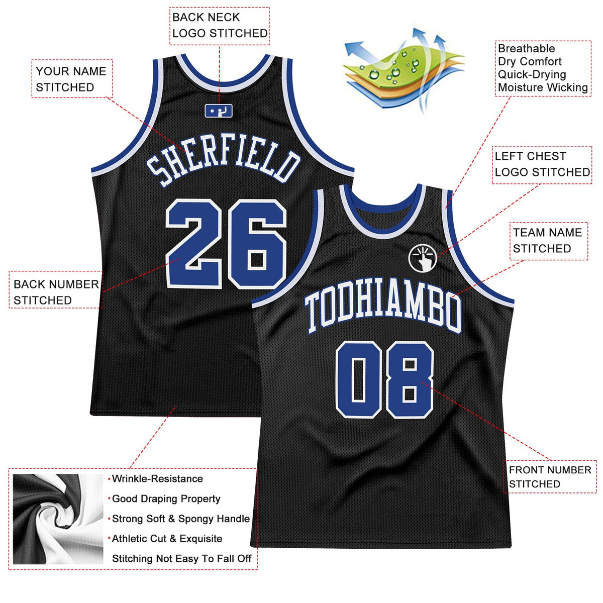 Custom Black Royal-White Authentic Throwback Basketball Jersey - Back