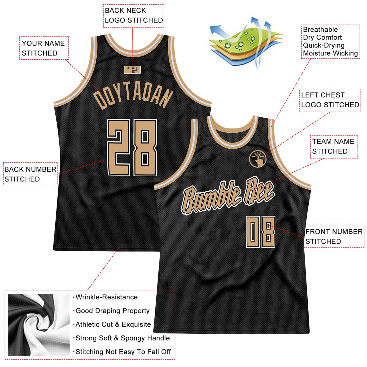 Custom Black Old Gold-White Authentic Throwback Basketball Jersey - Back