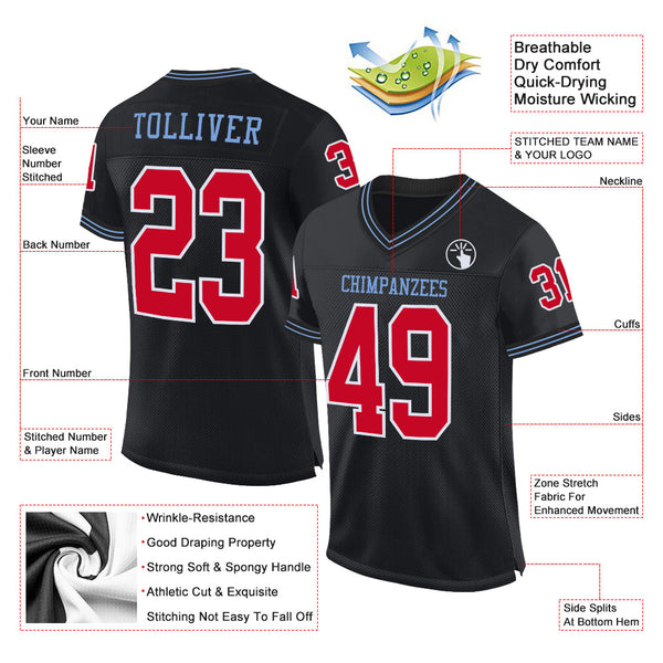 Custom Black Red-Light Blue Mesh Authentic Throwback Football Jersey alternate