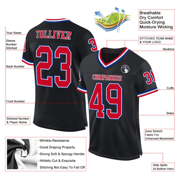 Custom Black Red-Royal Mesh Authentic Throwback Football Jersey alternate