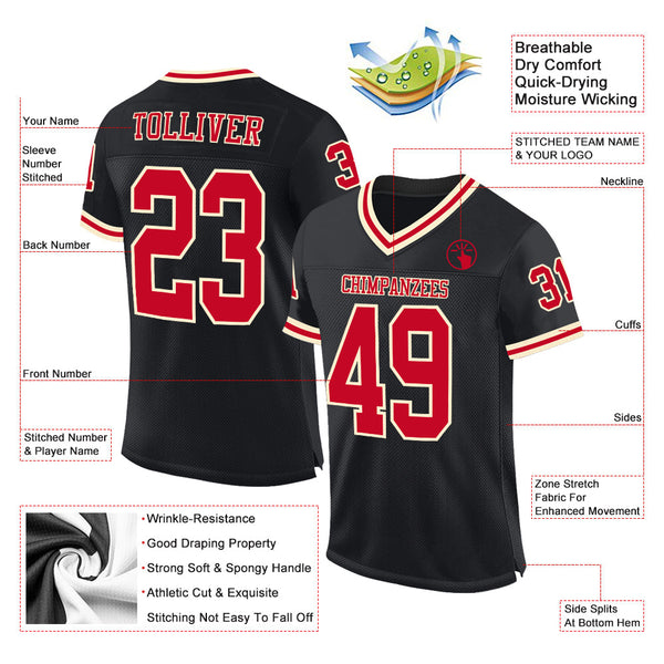 Custom Black Red-Cream Mesh Authentic Throwback Football Jersey alternate