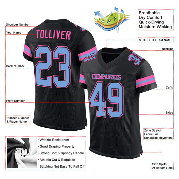 Custom Black Light Blue-Pink Mesh Authentic Football Jersey alternate
