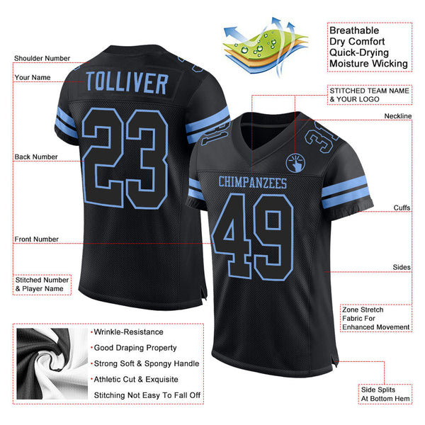 Custom Black Black-Light Blue Mesh Authentic Football Jersey alternate