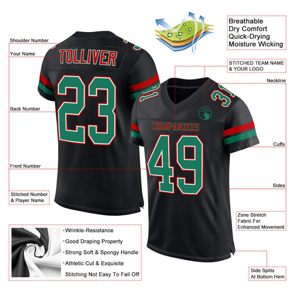 Custom Black Kelly Green-Red Mesh Authentic Football Jersey alternate
