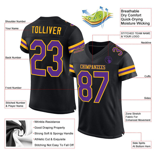Custom Black Purple-Gold Mesh Authentic Football Jersey alternate