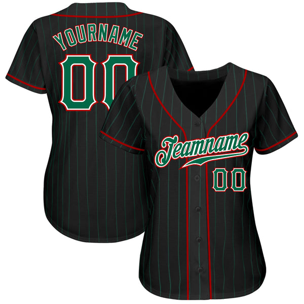Custom Black Kelly Green Pinstripe Kelly Green-Red Authentic Baseball Jersey alternate