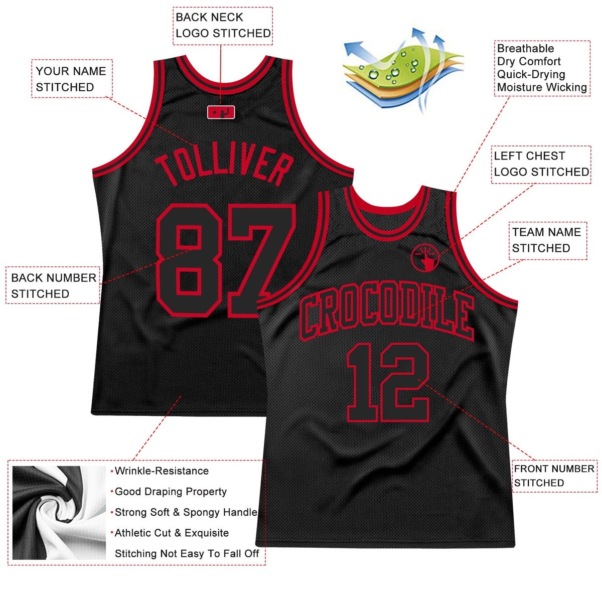 Custom Black Black-Red Authentic Throwback Basketball Jersey - Front