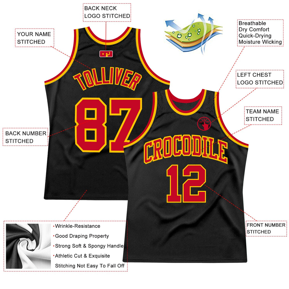 Custom Black Red-Gold Authentic Throwback Basketball Jersey - Back