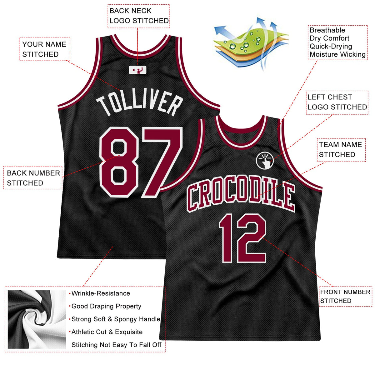 Custom Black Maroon-White Authentic Throwback Basketball Jersey - Back