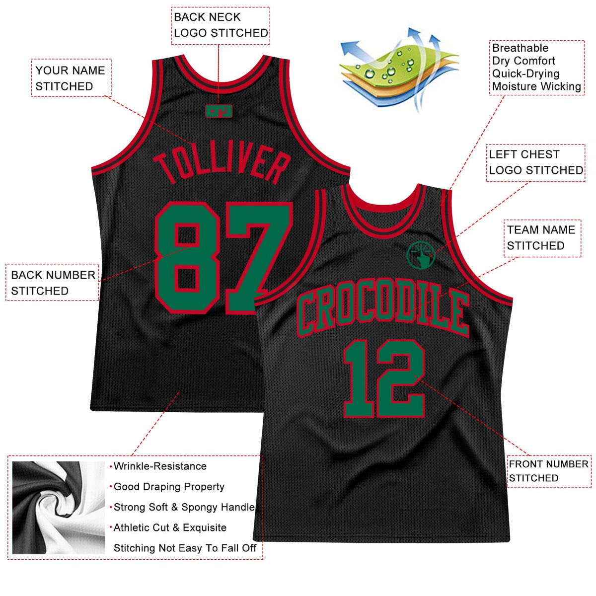 Custom Black Kelly Green-Red Authentic Throwback Basketball Jersey - Front