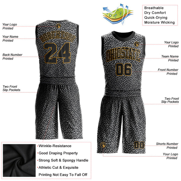 Custom Black Black-Old Gold Round Neck Sublimation Basketball Uniform Jersey alternate