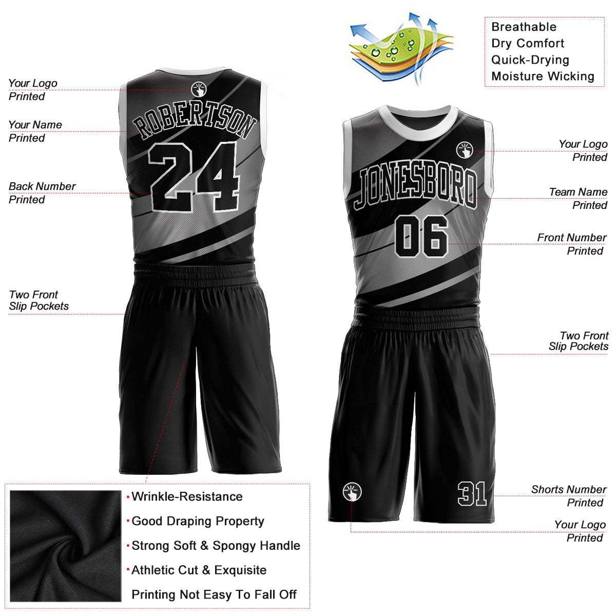 Custom Black Black-Gray Round Neck Sublimation Basketball Uniform Jersey - Back