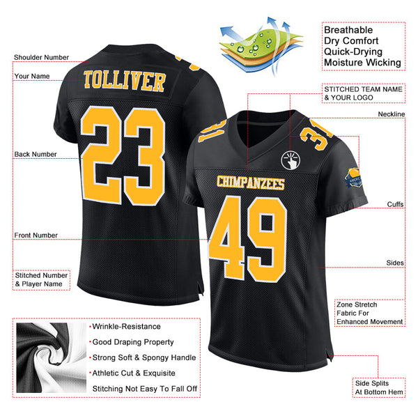 Custom Black Gold-White Mesh Authentic Football Jersey alternate