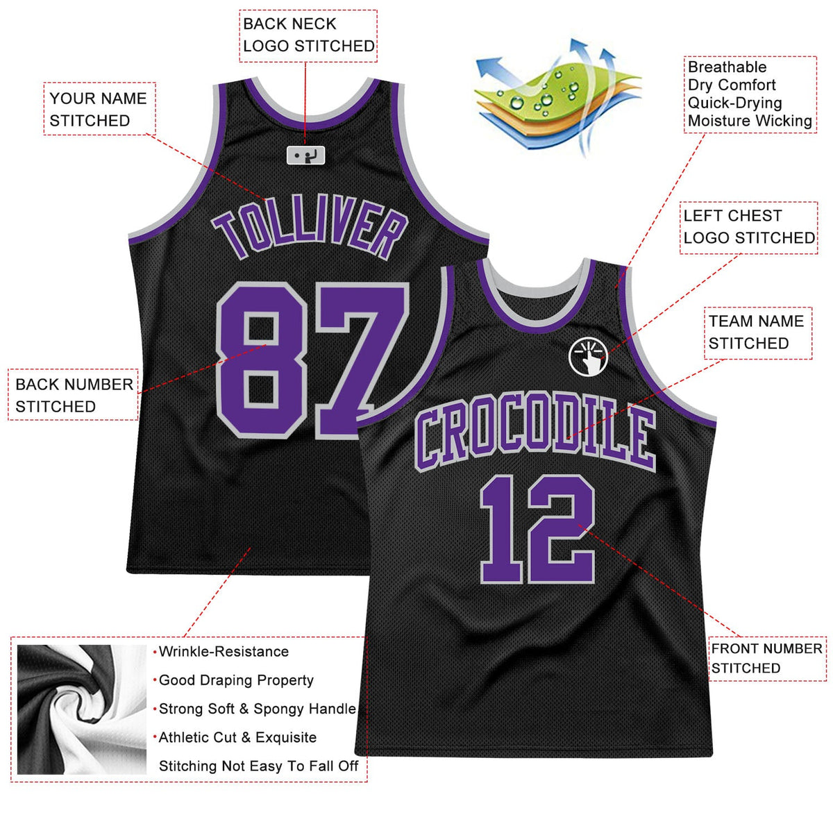 Custom Black Purple-Gray Authentic Throwback Basketball Jersey - Back