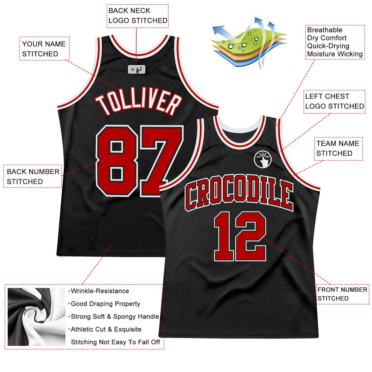 Custom Black Red-White Authentic Throwback Basketball Jersey - Back