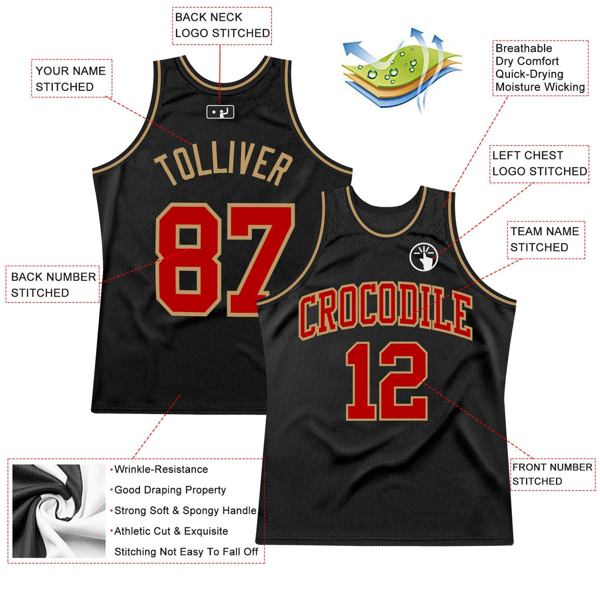 Custom Black Red-Old Gold Authentic Throwback Basketball Jersey - Back
