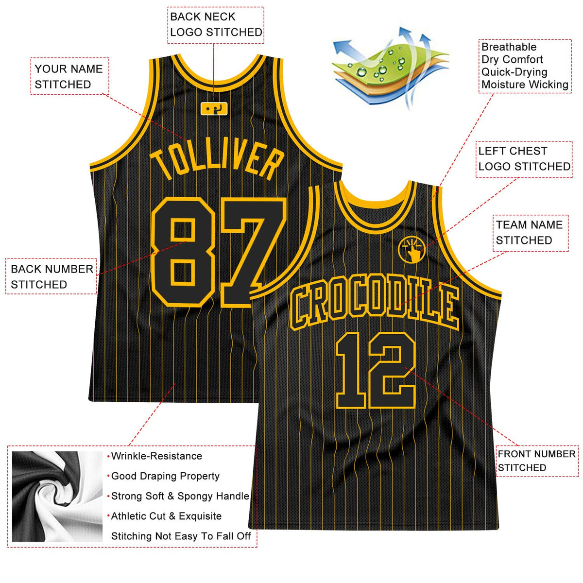 Custom Black Gold Pinstripe Black-Gold Authentic Basketball Jersey - Back