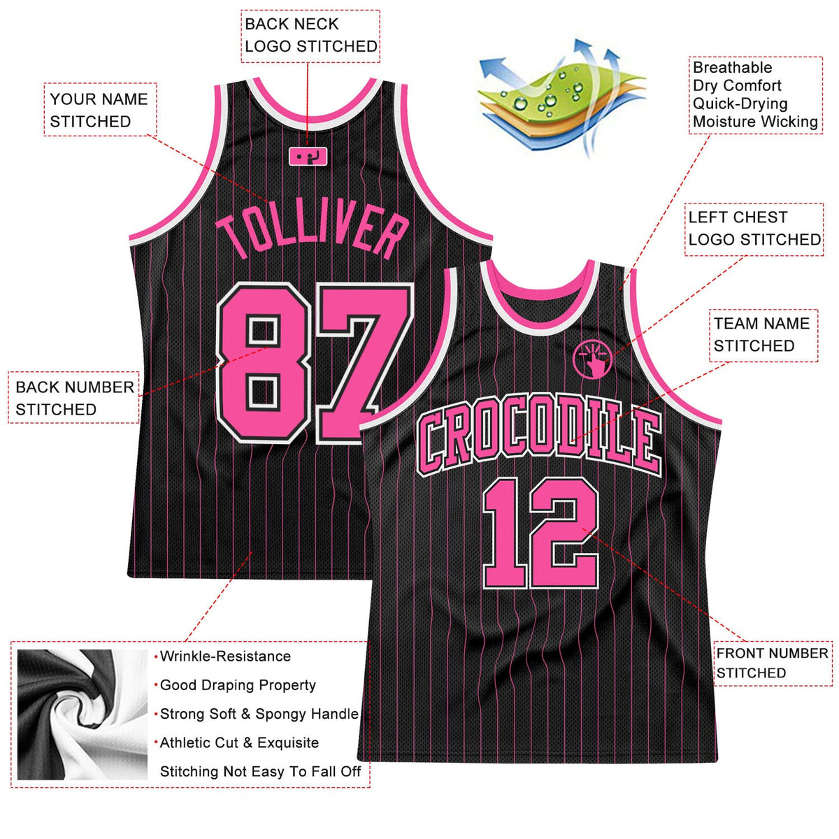 Custom Black Pink Pinstripe Pink-Black Authentic Basketball Jersey - Back