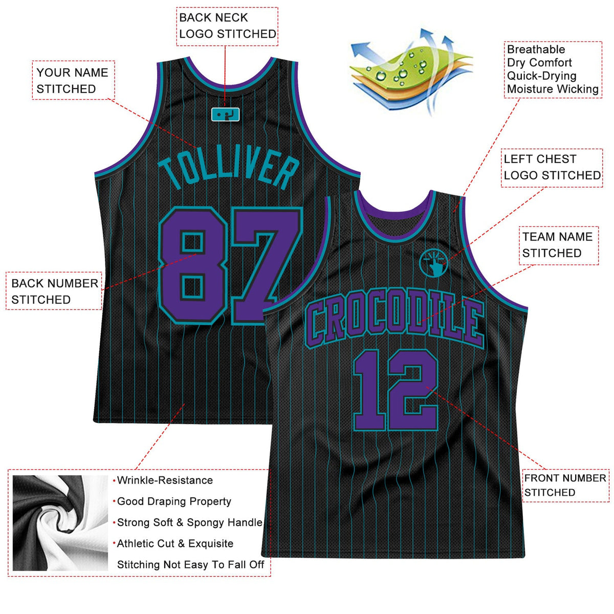 Custom Black Teal Pinstripe Purple-Teal Authentic Basketball Jersey - Back