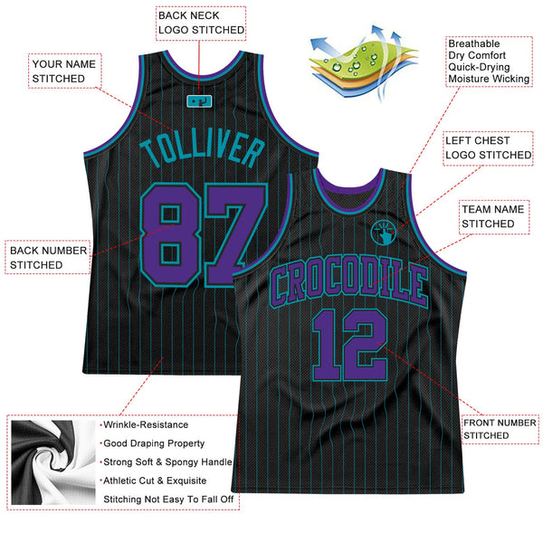 Custom Black Teal Pinstripe Purple-Teal Authentic Basketball Jersey alternate