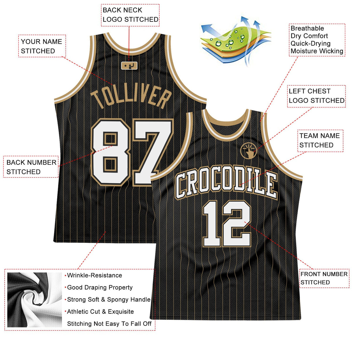Custom Black Old Gold Pinstripe White-Old Gold Authentic Basketball Jersey - Back