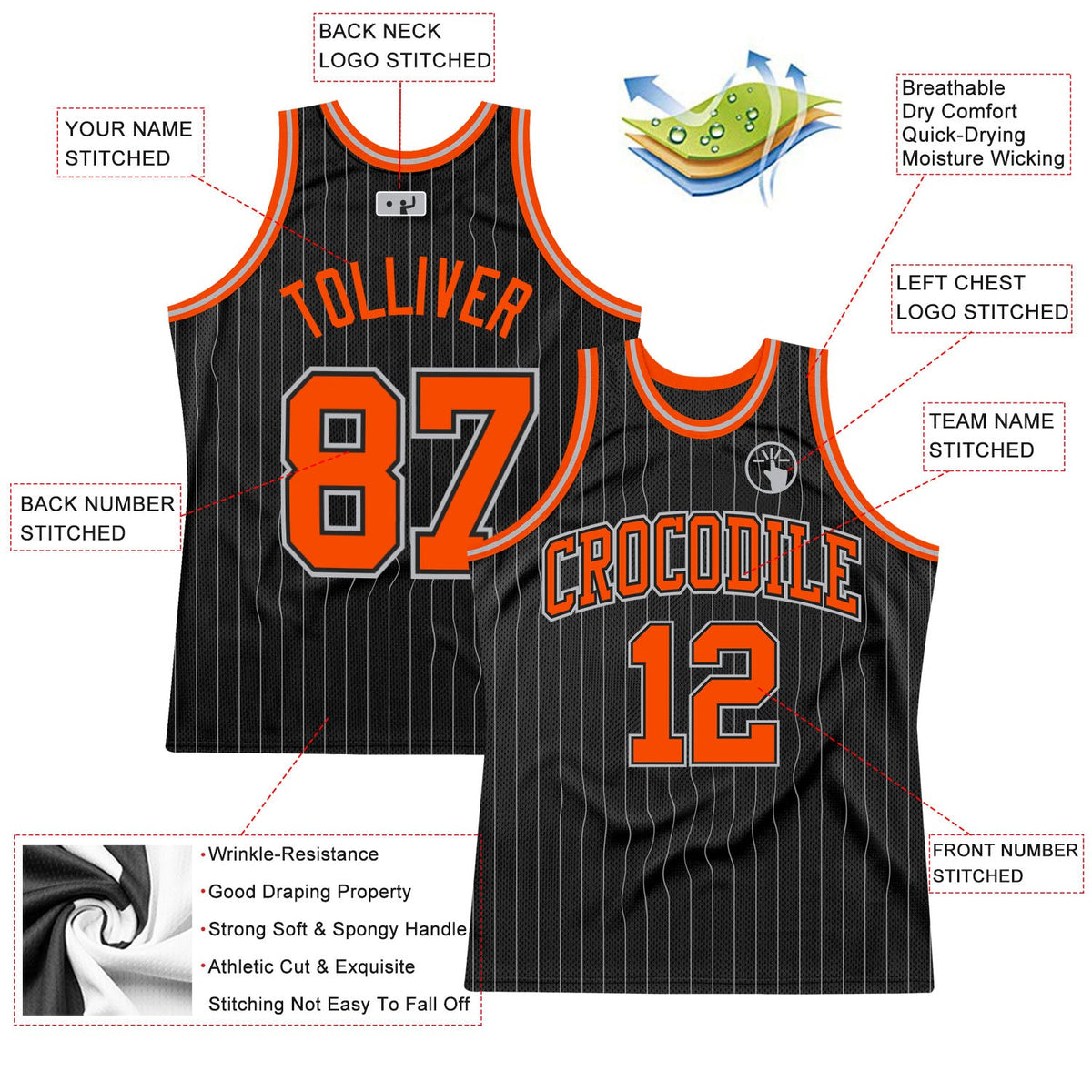 Custom Black Gray Pinstripe Orange-Gray Authentic Basketball Jersey - Back