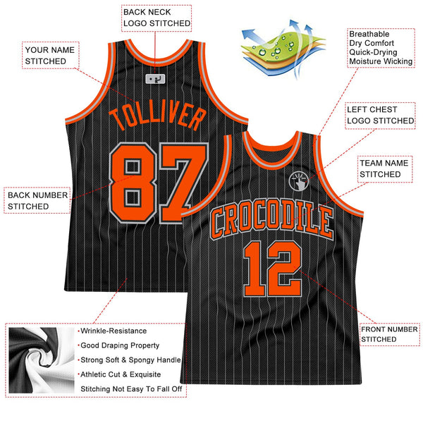 Custom Black Gray Pinstripe Orange-Gray Authentic Basketball Jersey alternate