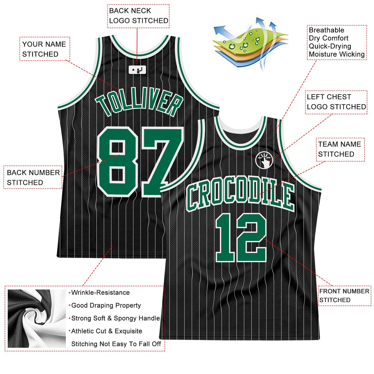 Custom Black White Pinstripe Kelly Green-White Authentic Basketball Jersey - Back