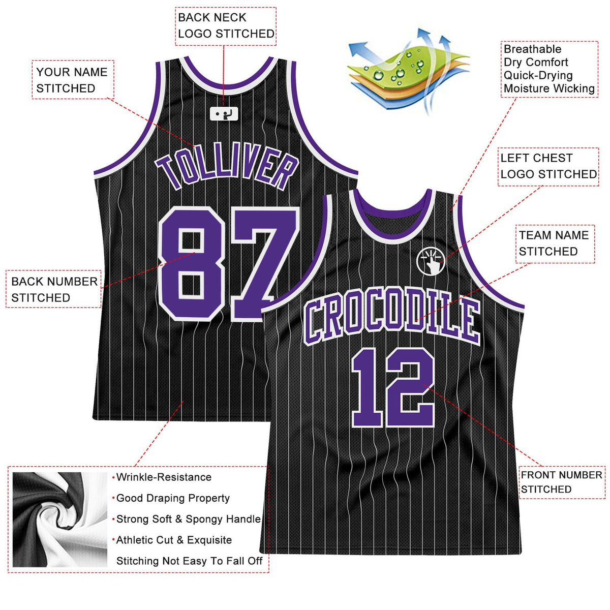 Custom Black White Pinstripe Purple-White Authentic Basketball Jersey - Back