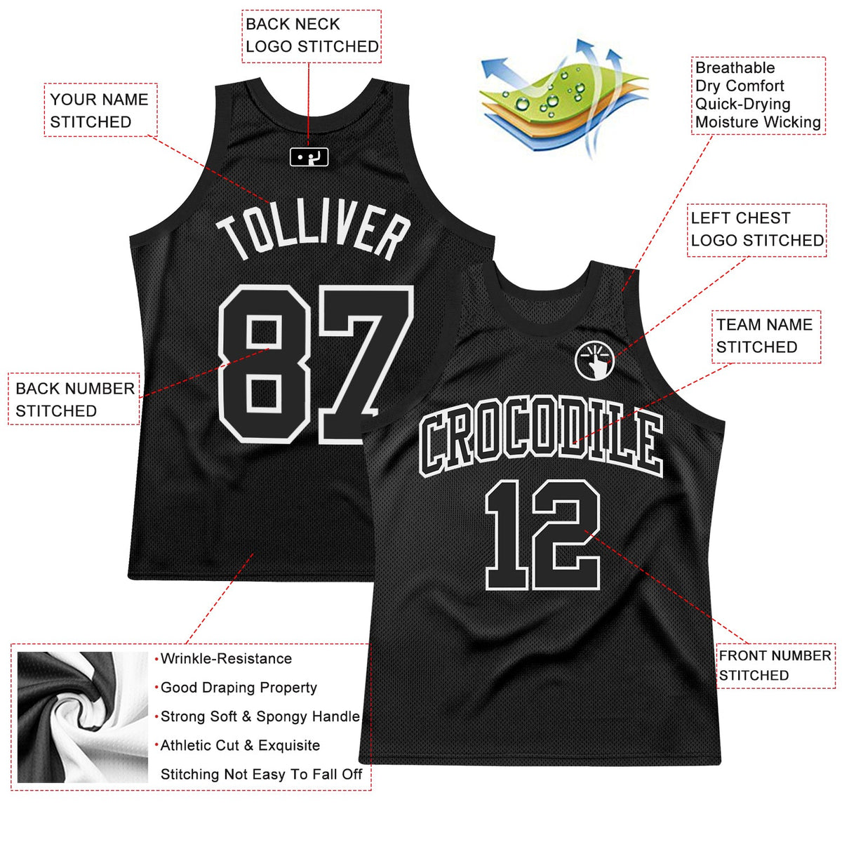 Custom Black White Authentic Throwback Basketball Jersey - Back