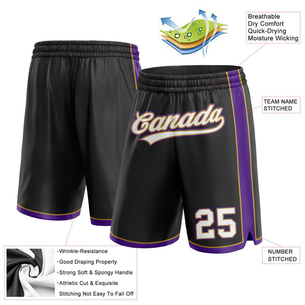 Custom Black White Old Gold-Purple Authentic Basketball Shorts alternate