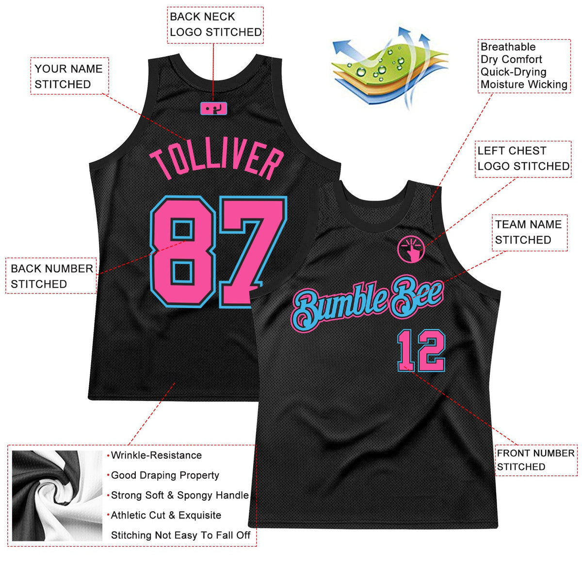 Custom Black Pink-Sky Blue Authentic Throwback Basketball Jersey - Front