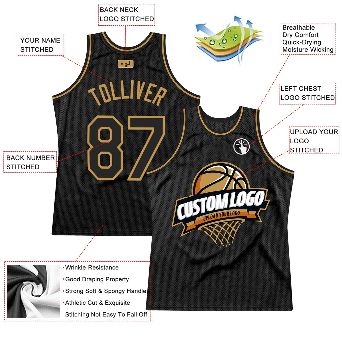 Custom Black Old Gold Authentic Throwback Basketball Jersey - Back