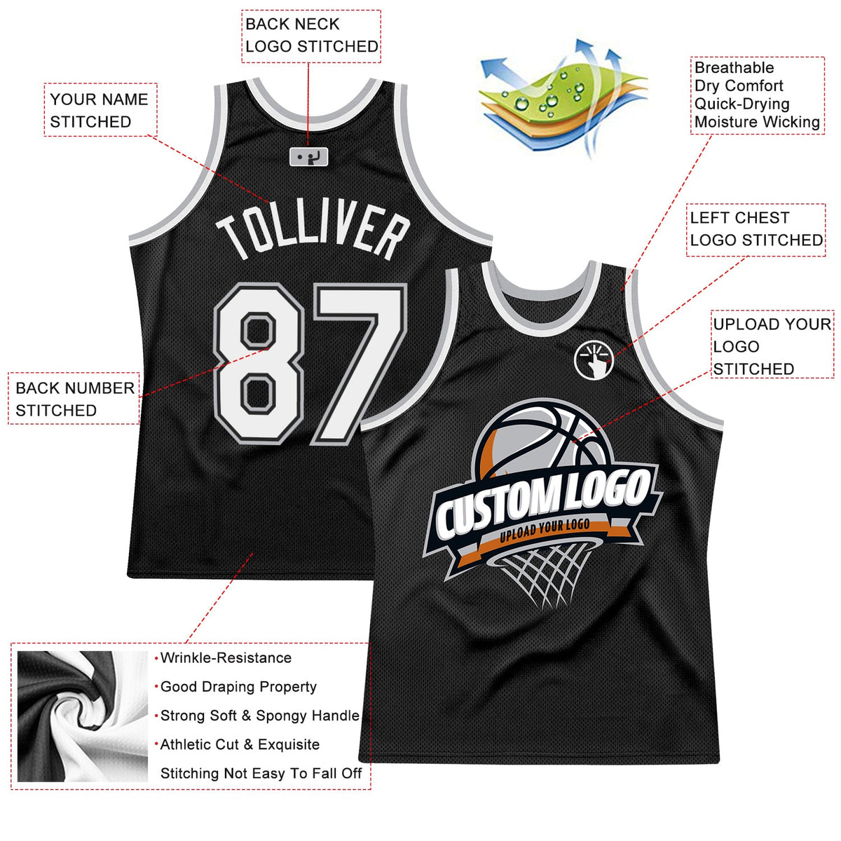 Custom Black White-Gray Authentic Throwback Basketball Jersey - Back
