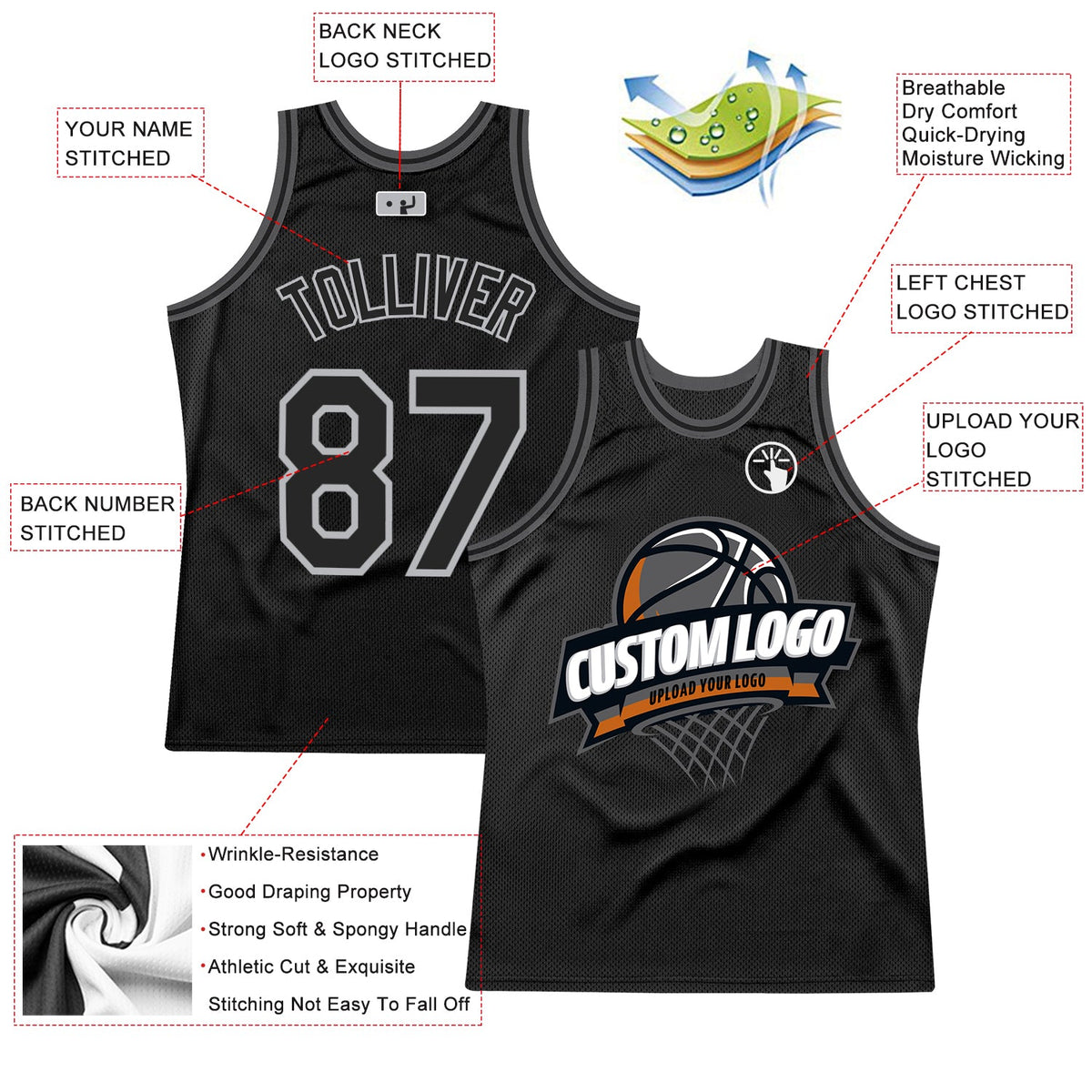 Custom Black Gray-Steel Gray Authentic Throwback Basketball Jersey - Back
