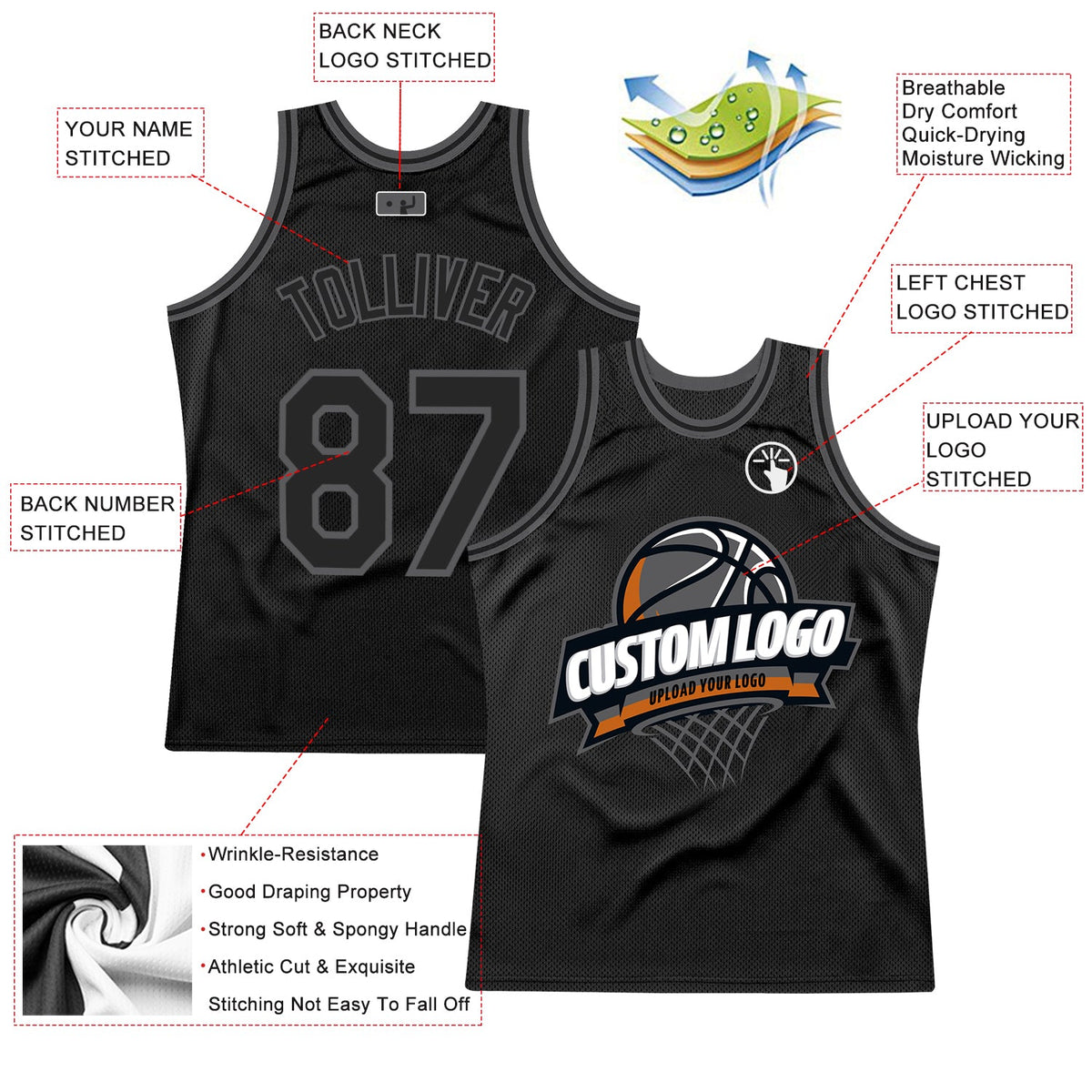 Custom Black Steel Gray Authentic Throwback Basketball Jersey - Back