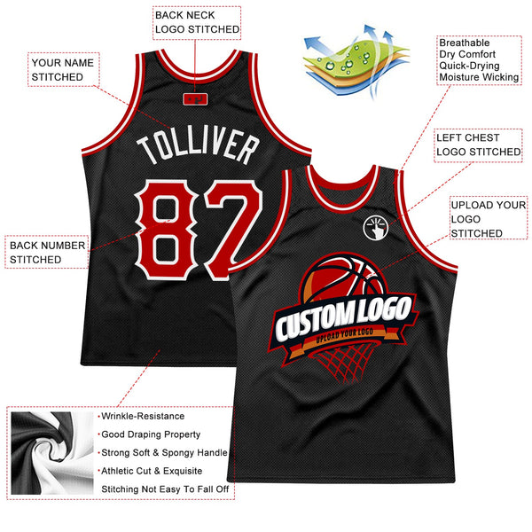 Custom Black Red-White Authentic Throwback Basketball Jersey alternate