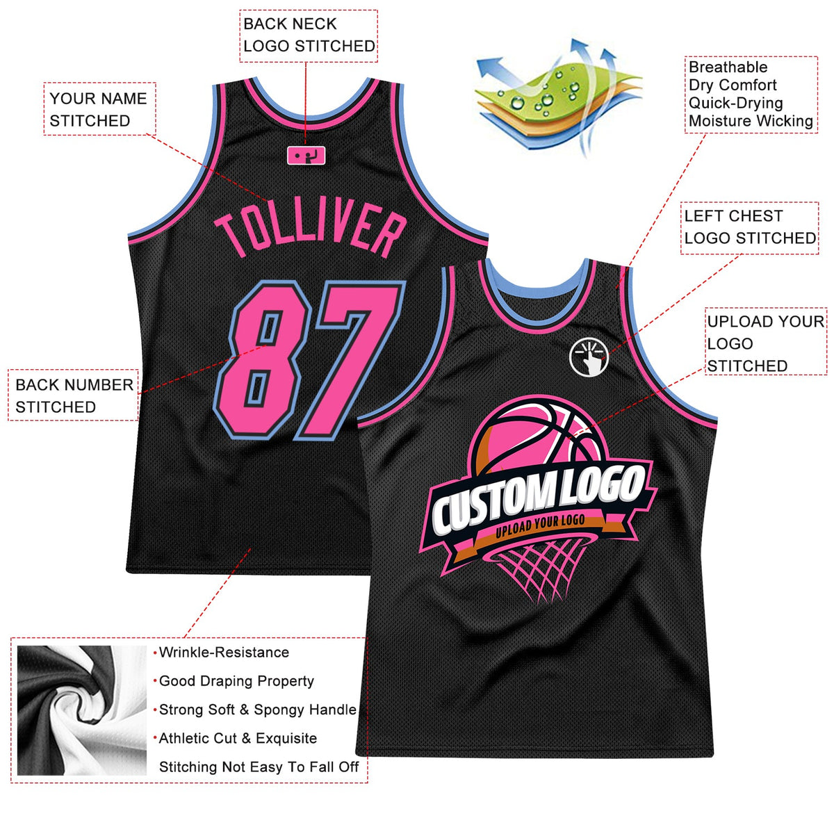 Custom Black Pink-Light Blue Authentic Throwback Basketball Jersey - Back