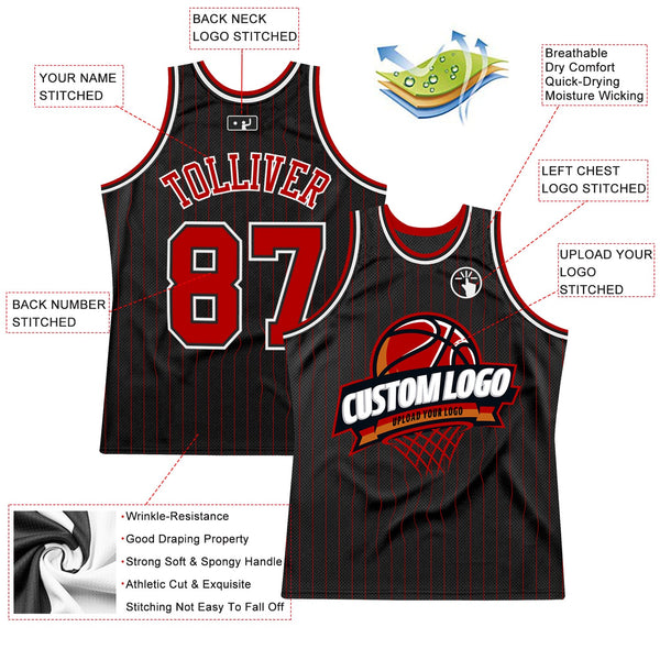 Custom Black Red Pinstripe White Authentic Basketball Jersey alternate