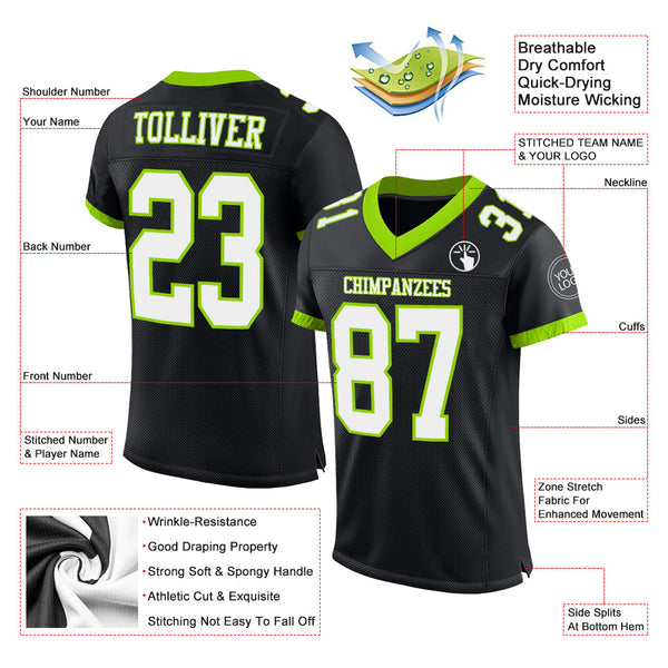 Custom Black White-Neon Green Mesh Authentic Football Jersey alternate