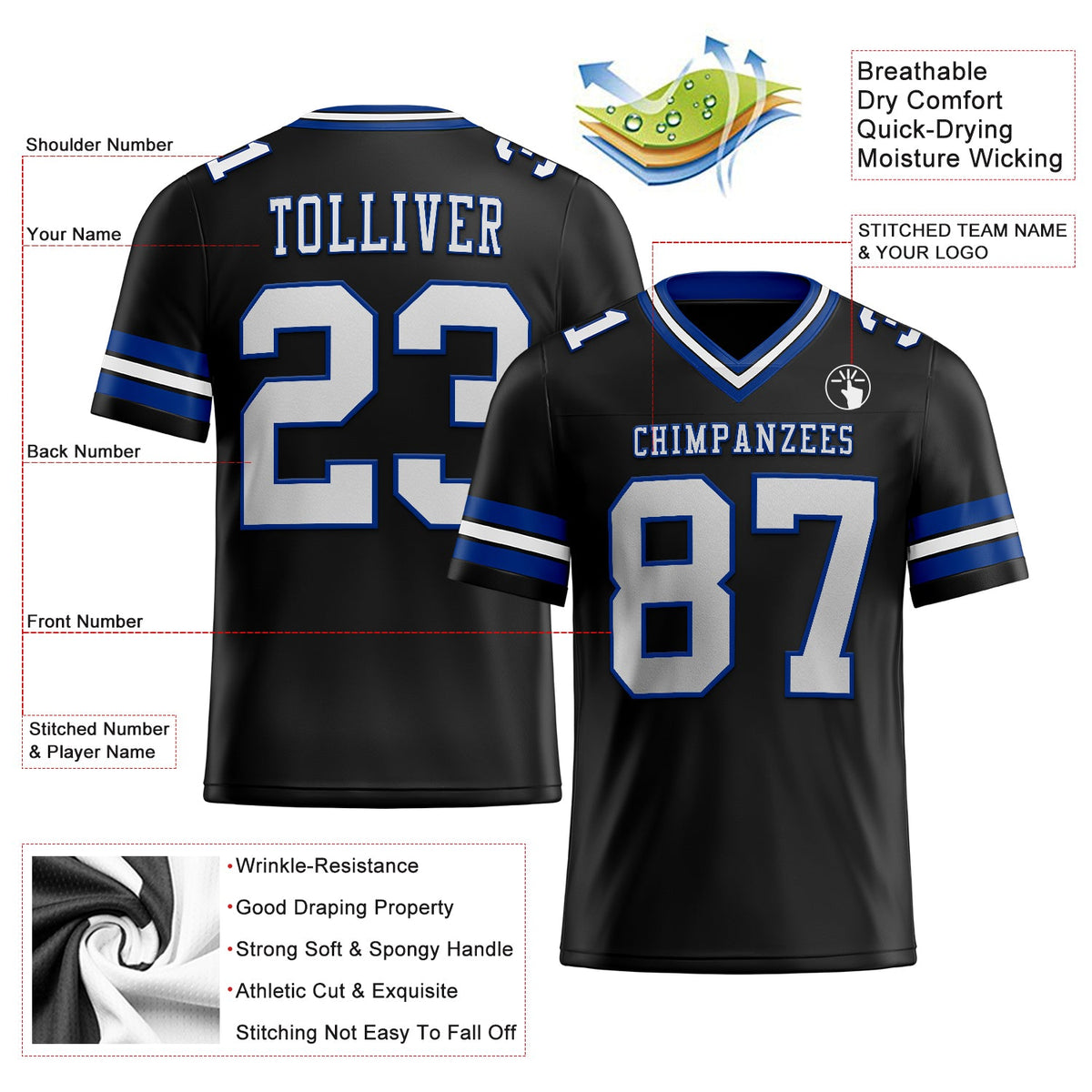 Custom Black White-Royal Authentic Football Jersey - Back