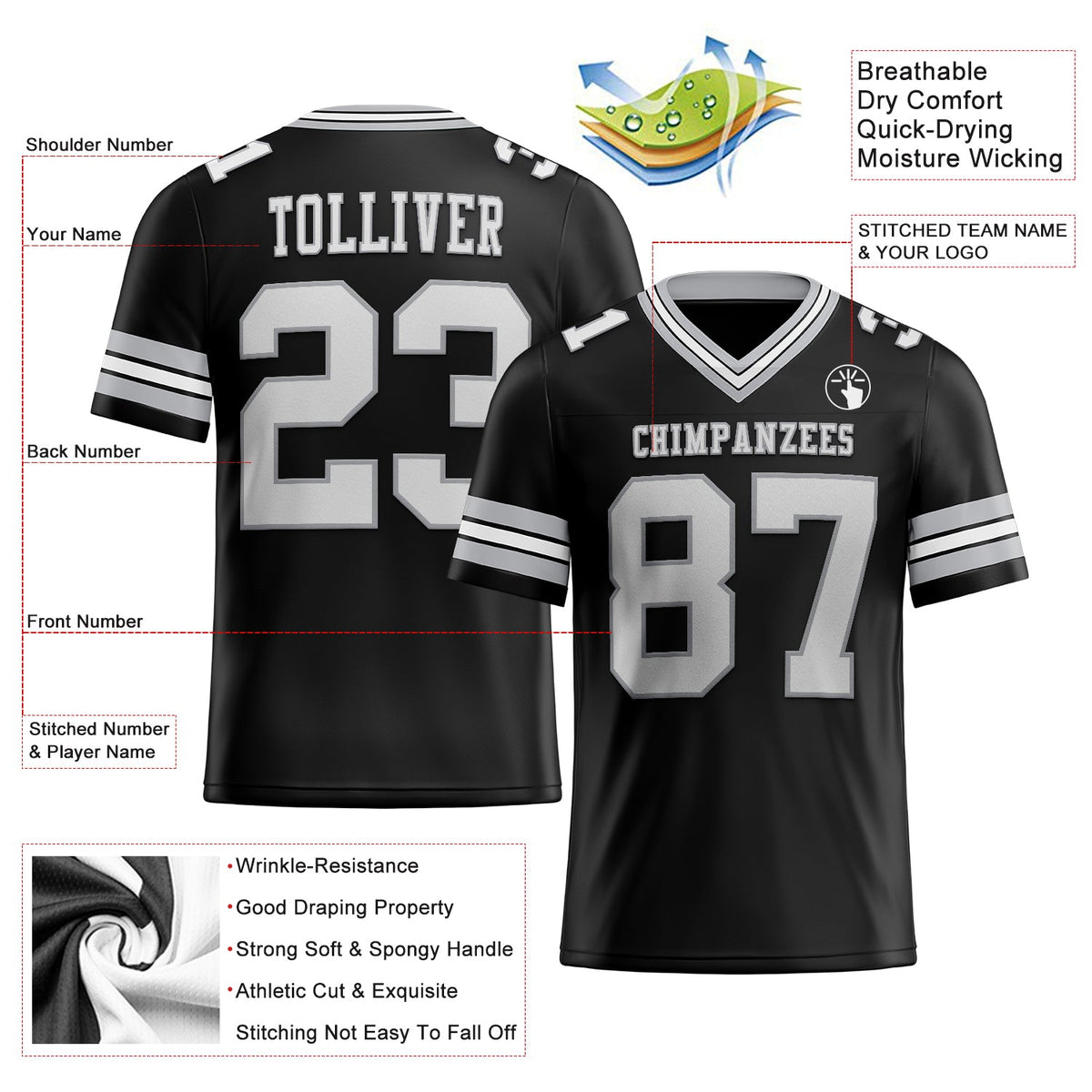 Custom Black White-Gray Authentic Football Jersey - Back