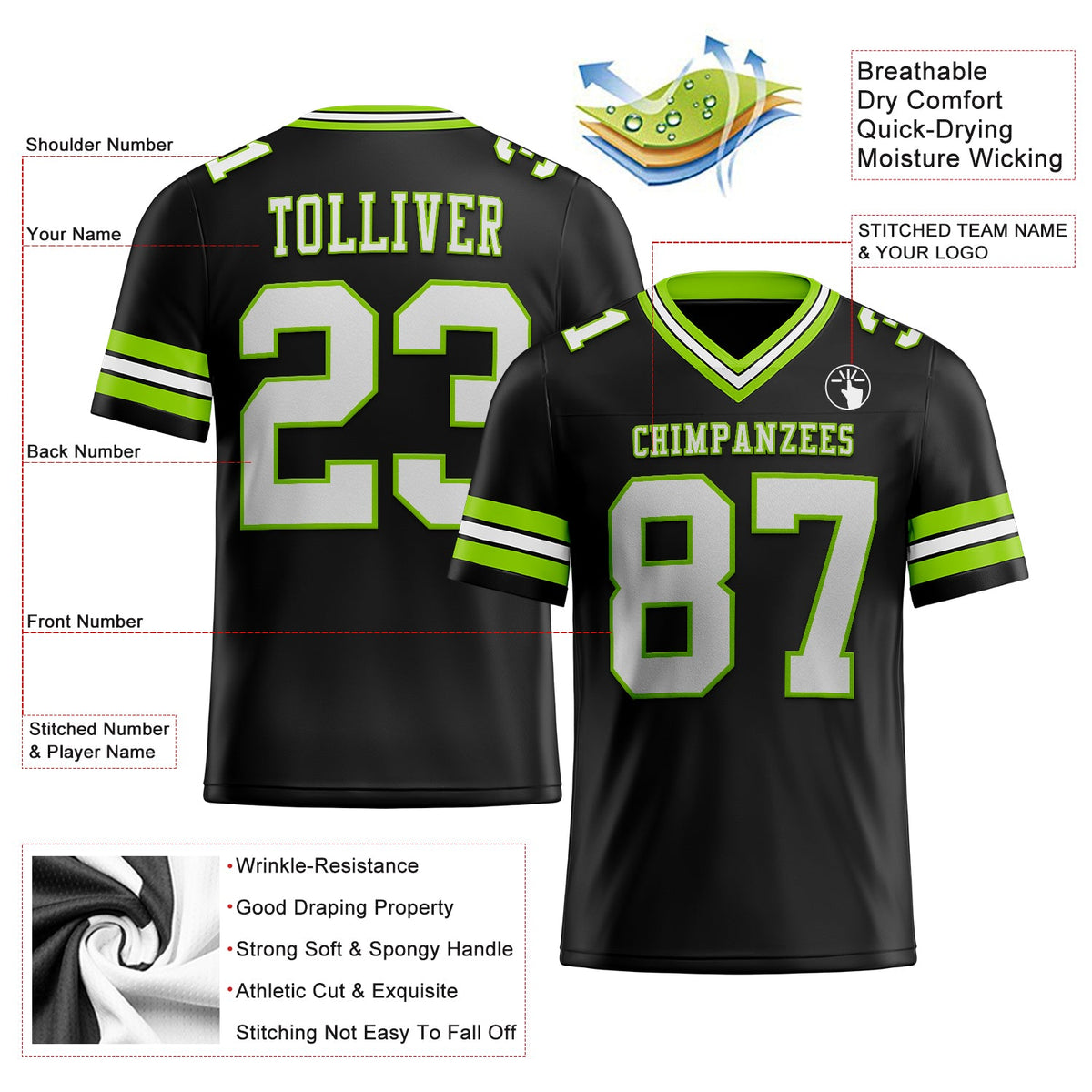 Custom Black White-Neon Green Authentic Football Jersey - Back
