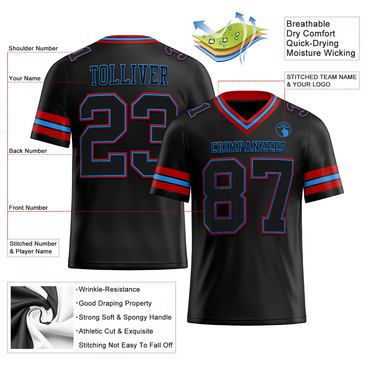 Custom Black Powder Blue-Red Authentic Football Jersey - Back