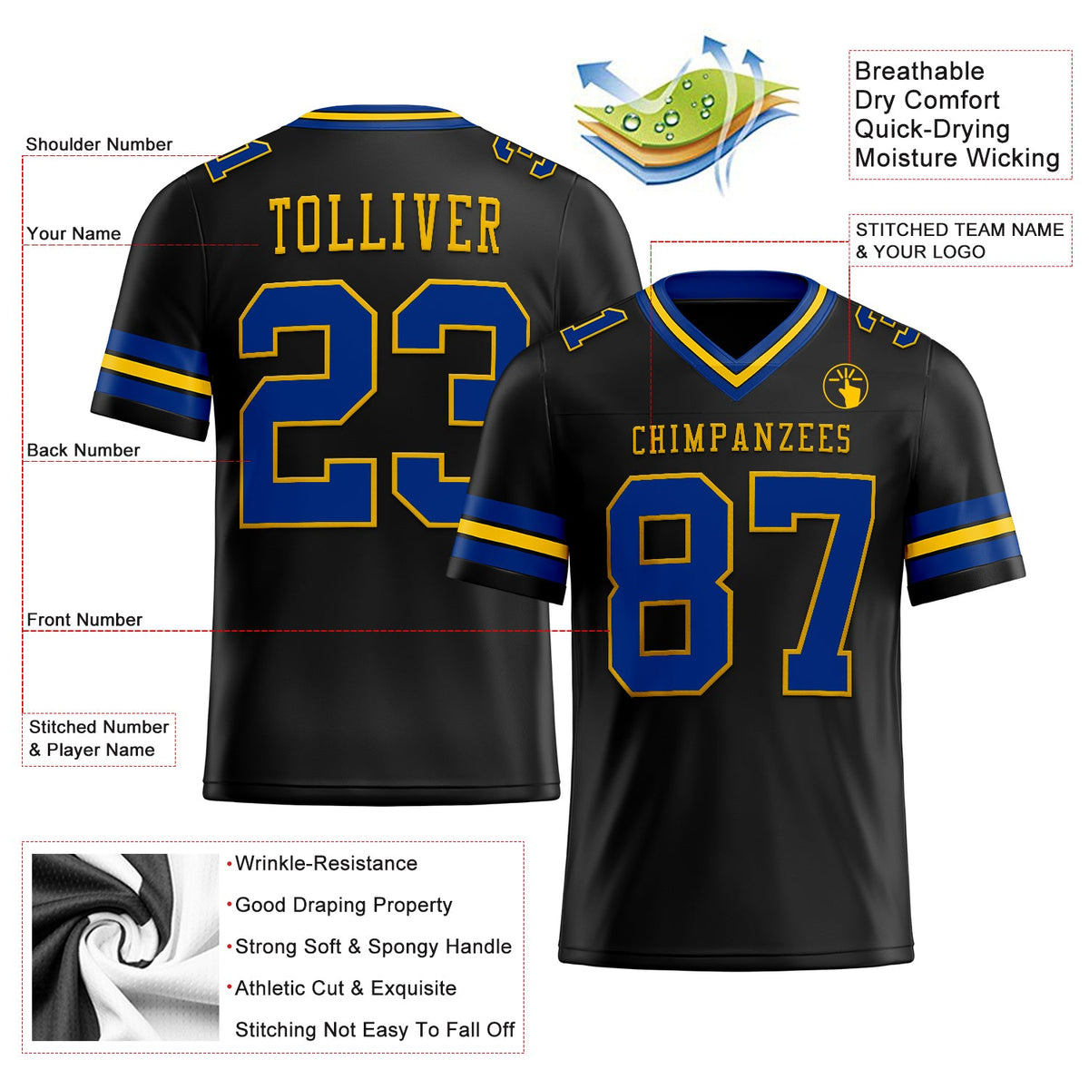 Custom Black Royal-Yellow Authentic Football Jersey - Back